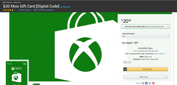 buy Xbox gift card online from Amazon 