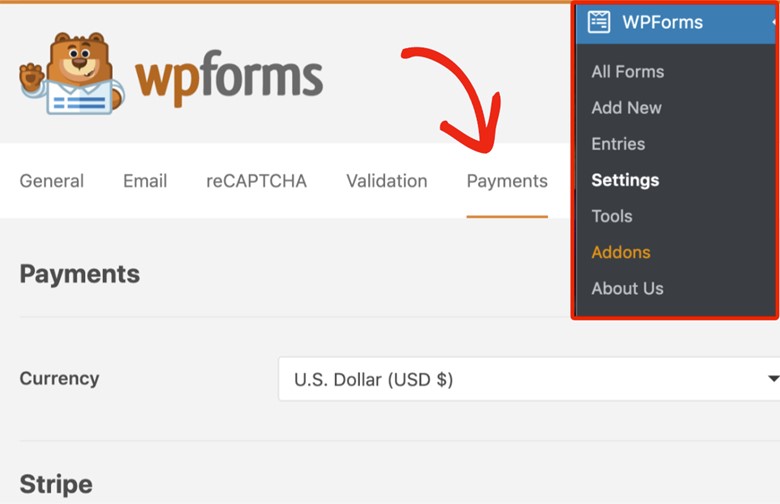 Stripe test credit card on WPforms 