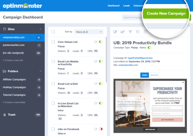 Create New Campaign on OptinMonster 