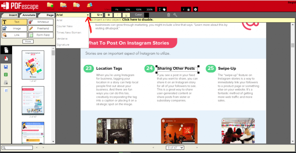 To change or edit your front size with pdfescape