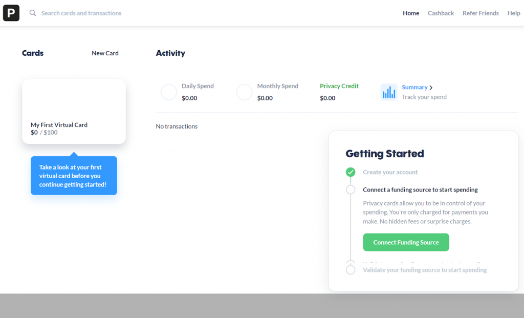 privacy.com dashboard