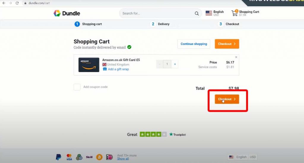 Checkout amazon gift card on dundle 