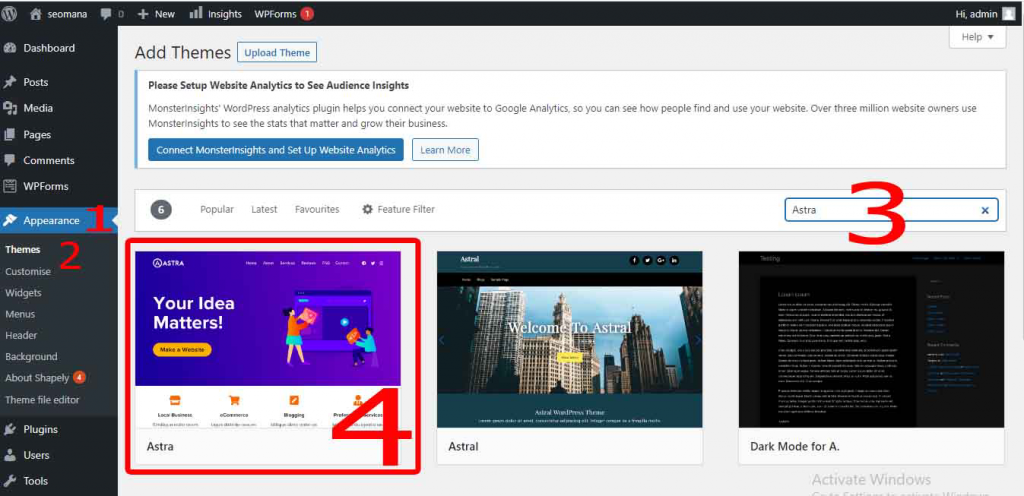  installing the Astra WordPress theme