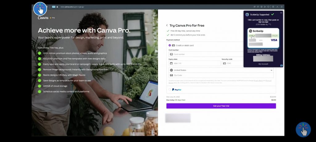 ScribeUp visa credit card to sign up for Canva free trial. 