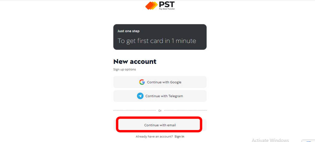 Select Sign up options for PST.net virtual card